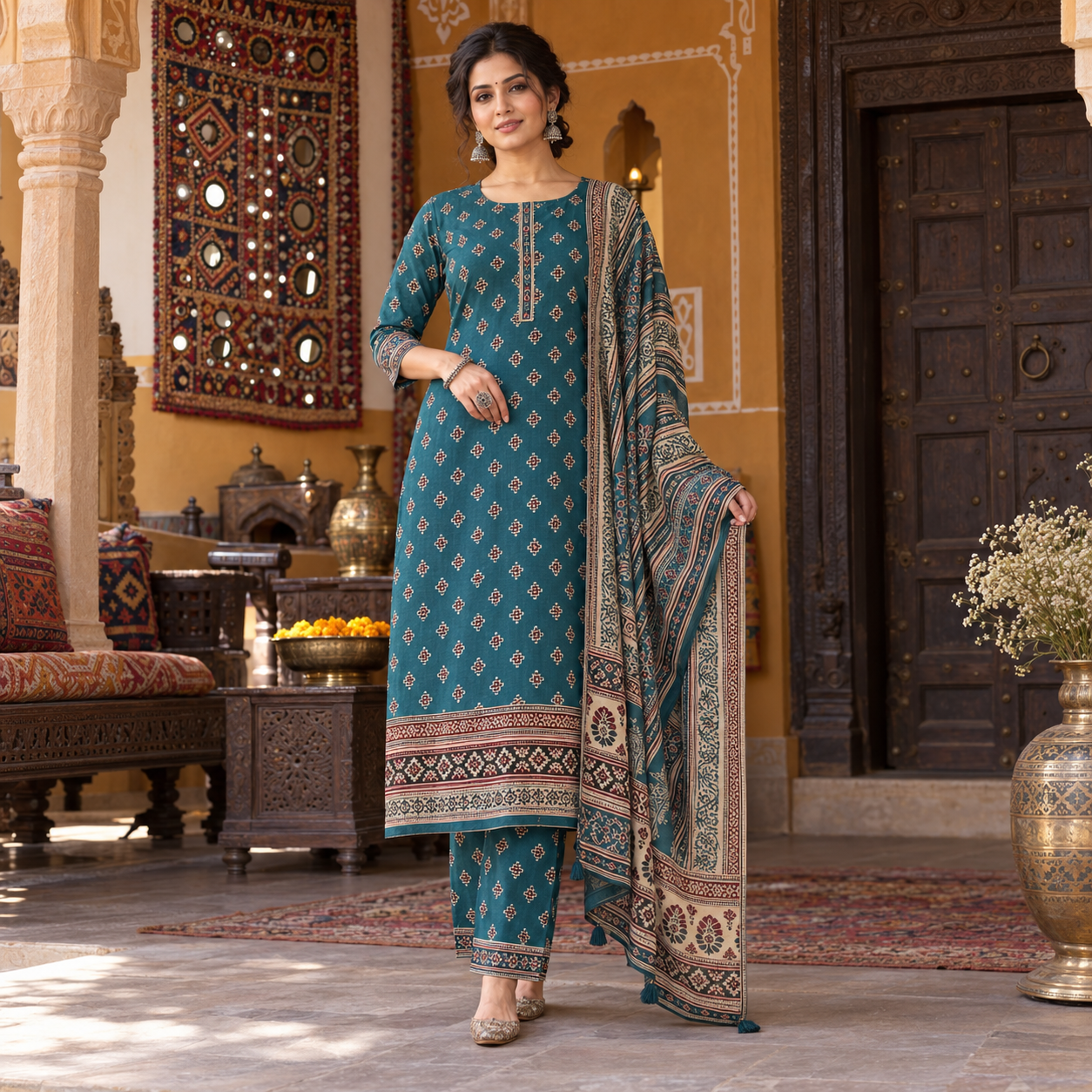 Ajrakh-Inspired Teal Printed Suit