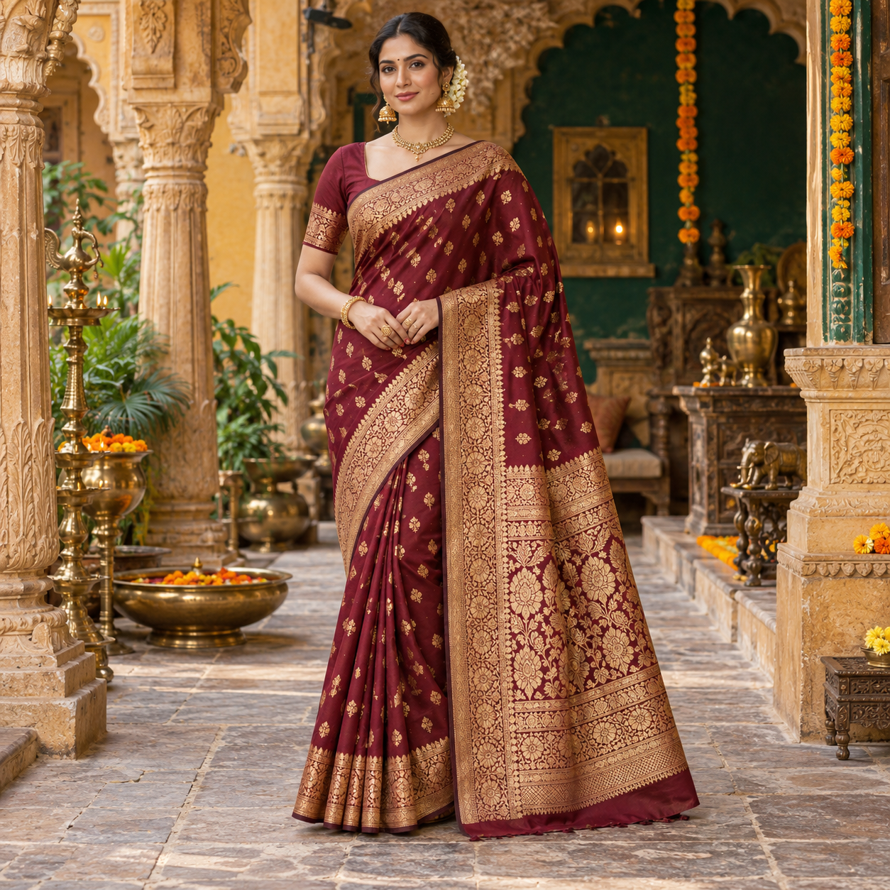 Banarasi-Inspired Maroon Zari Saree