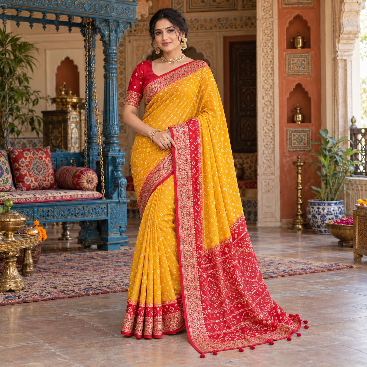 Bandhani-Inspired Saffron Saree