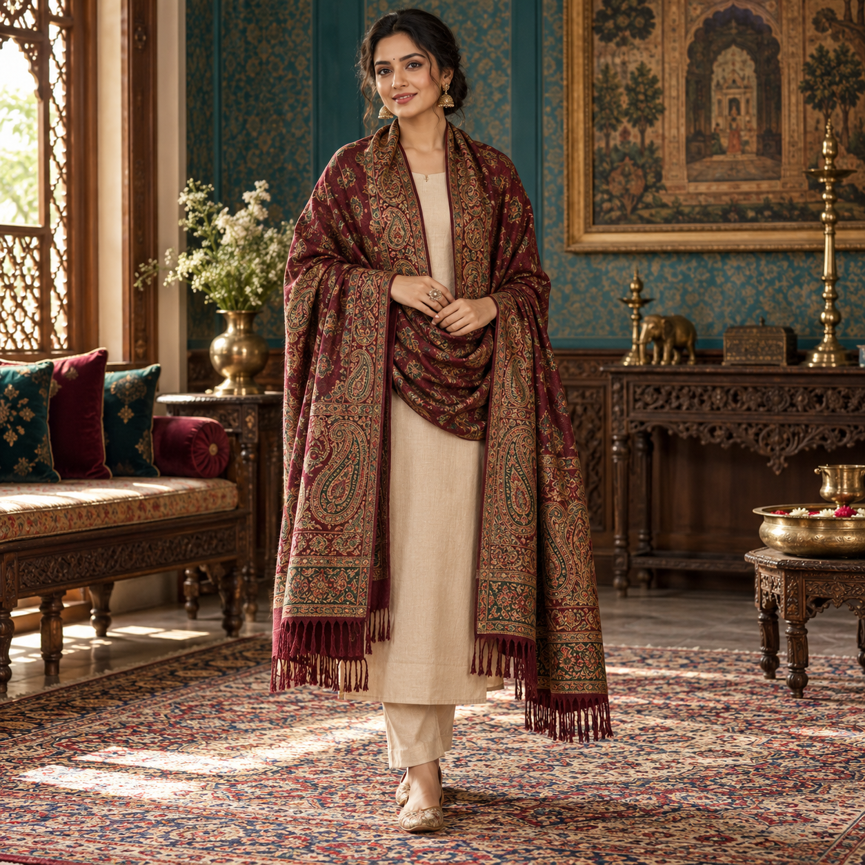 Jamawar-Inspired Burgundy Shawl