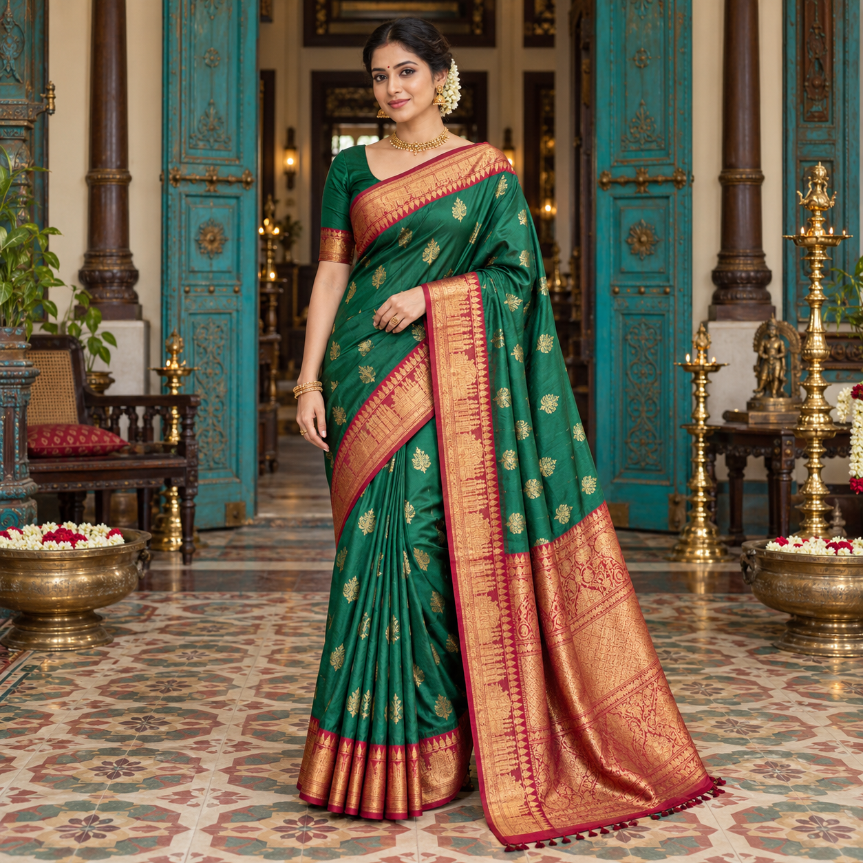 Kanjivaram-Inspired Emerald Saree