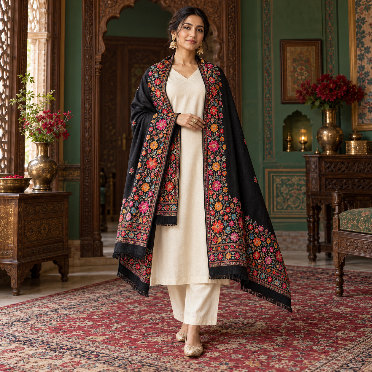 Kashmiri-Inspired Black Aari Shawl
