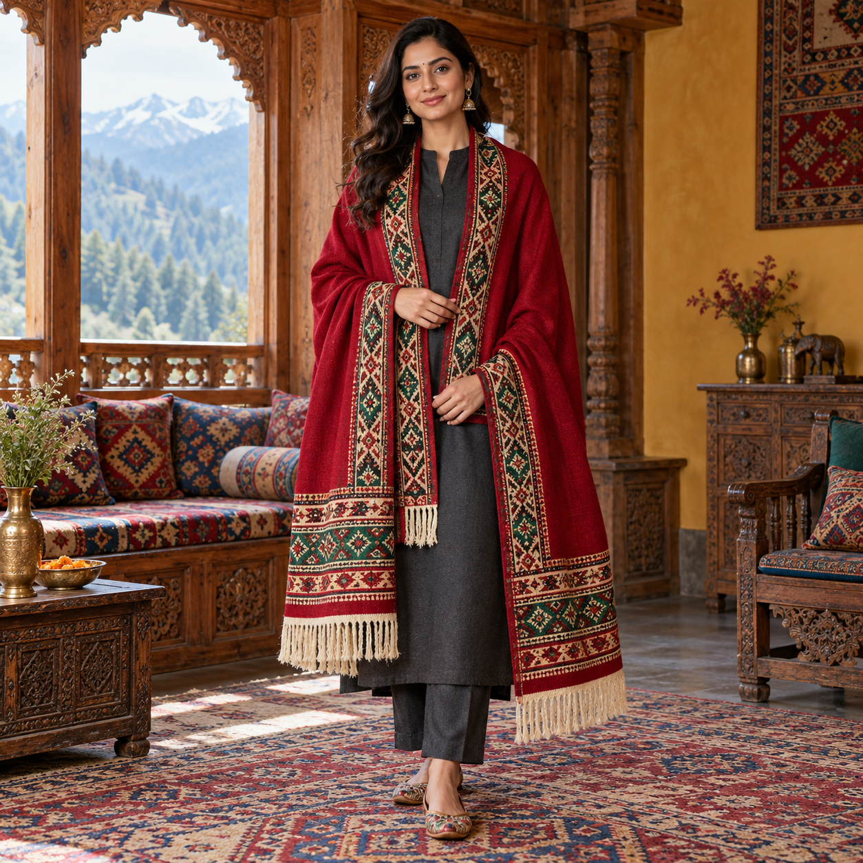 Kullu-Inspired Crimson Border Shawl