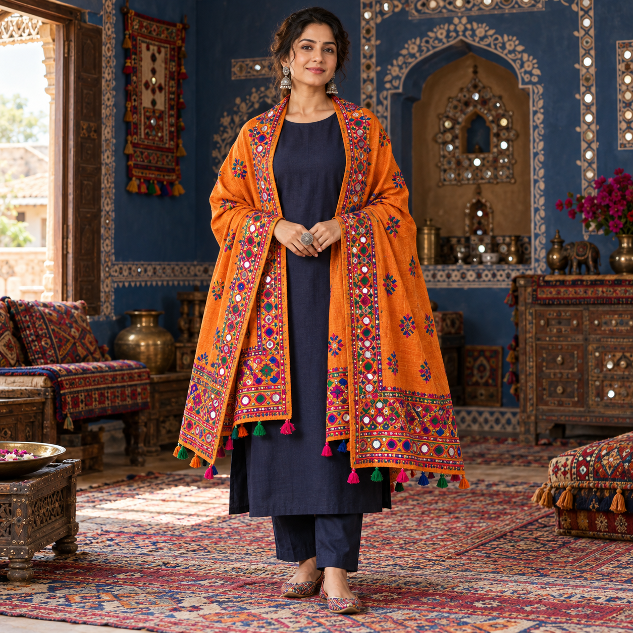Kutchi-Inspired Saffron Embroidered Shawl