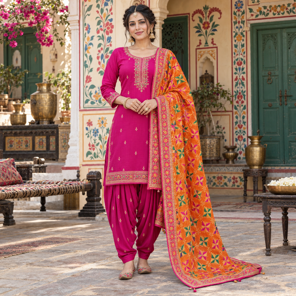 Punjabi-Inspired Fuchsia Phulkari Suit