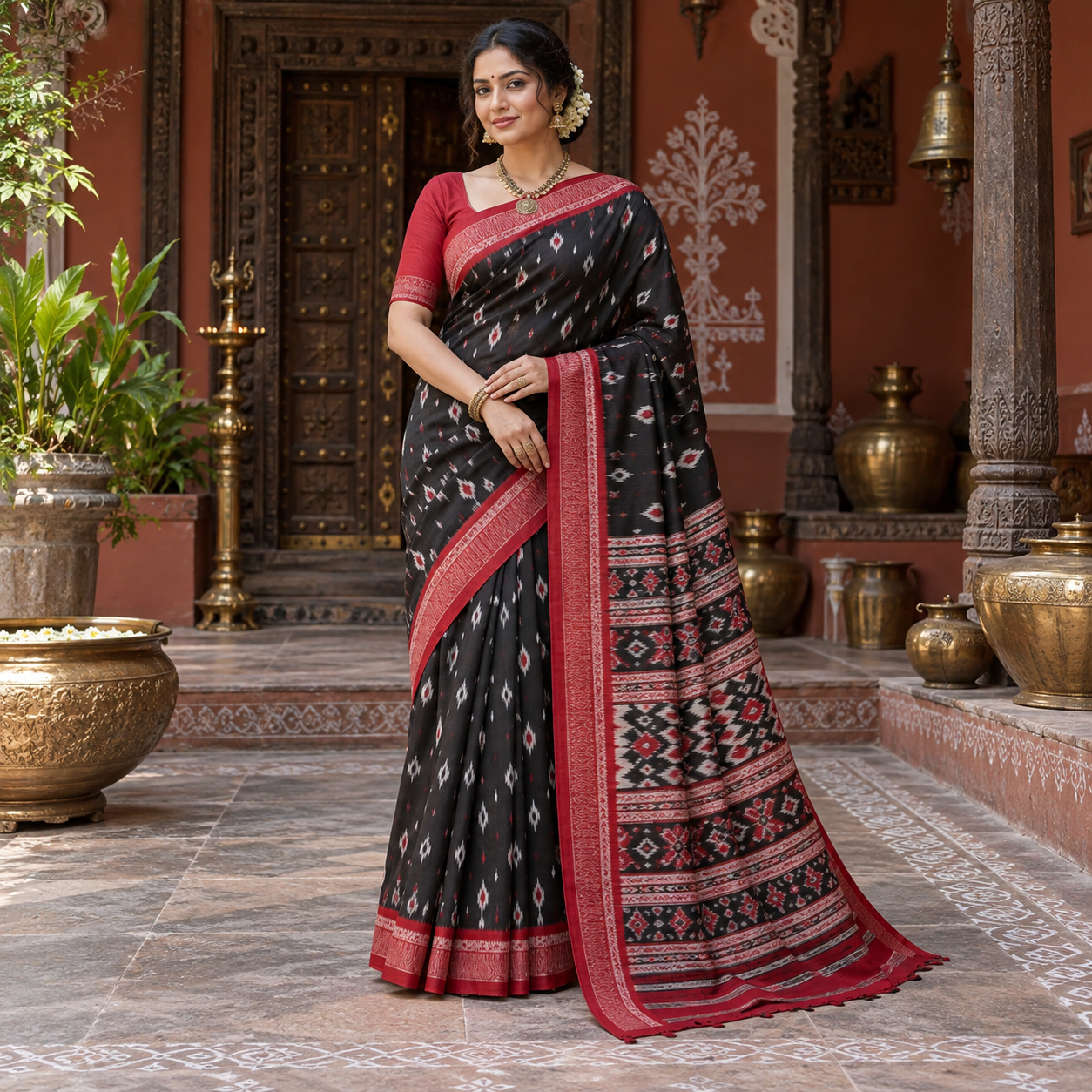 Sambalpuri-Inspired Black Red Saree
