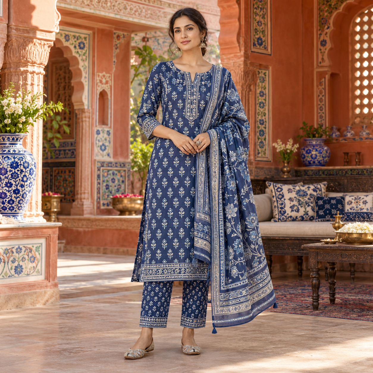 Sanganeri-Inspired Indigo Floral Suit